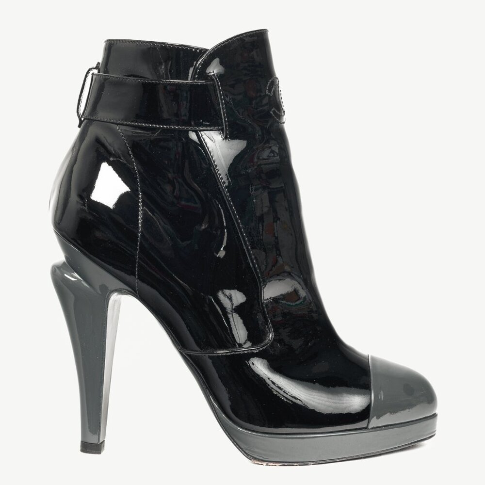 Chanel Black Patent Leather Cap-Toe Platform Booties